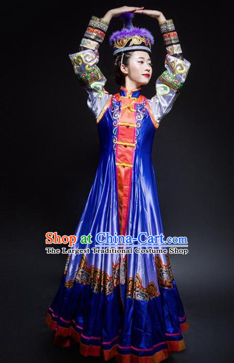 Chinese Traditional Mongol Nationality Ethnic Dance Royalblue Costume Minority Folk Dance Dress for Women