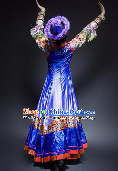 Chinese Traditional Mongol Nationality Ethnic Dance Royalblue Costume Minority Folk Dance Dress for Women