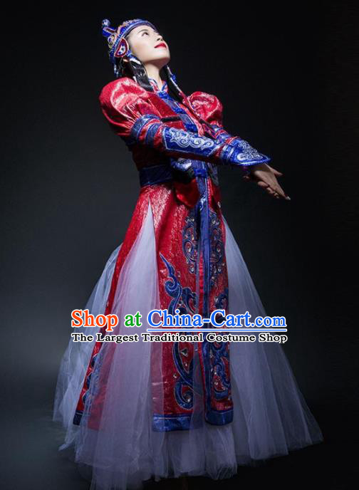 Chinese Traditional Mongol Nationality Ethnic Dance Costume Minority Princess Folk Dance Red Dress for Women