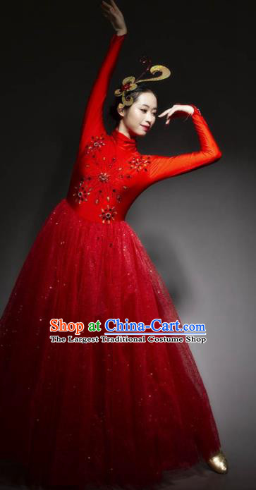 Chinese Modern Dance Stage Costume Traditional Spring Festival Gala Opening Dance Red Veil Dress for Women