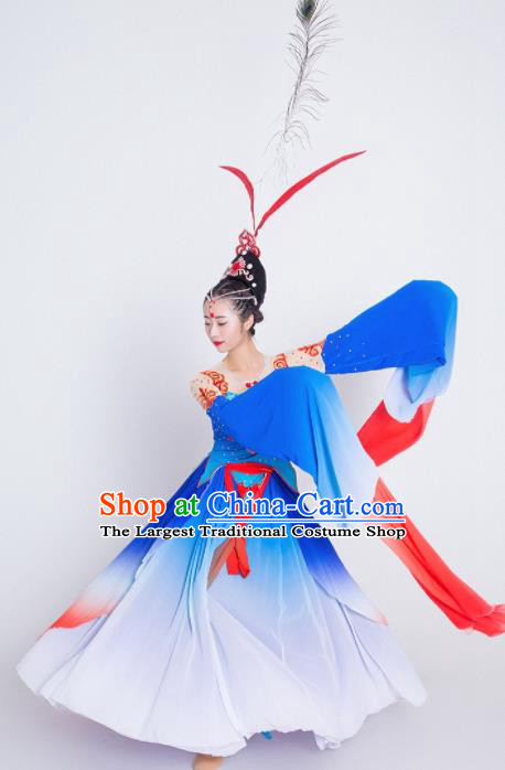 Chinese Classical Dance Blue Water Sleeve Dress Traditional Umbrella Dance Stage Performance Costume for Women