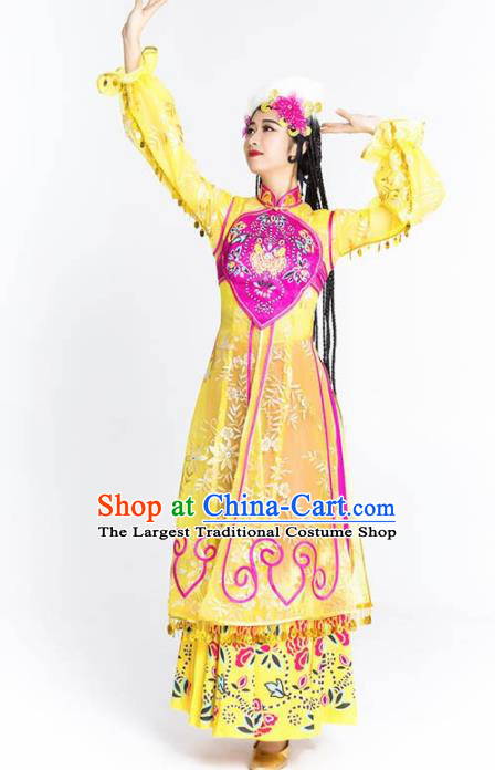 Chinese Traditional Uyghur Nationality Ethnic Dance Costume Uigurian Minority Folk Dance Yellow Dress for Women