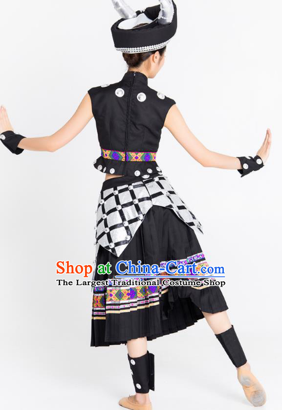 Chinese Traditional Yi Nationality Ethnic Dance Costume Minority Folk Dance Black Dress for Women