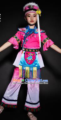 Chinese Bai Nationality Stage Performance Costume Traditional Ethnic Minority Rosy Clothing for Kids