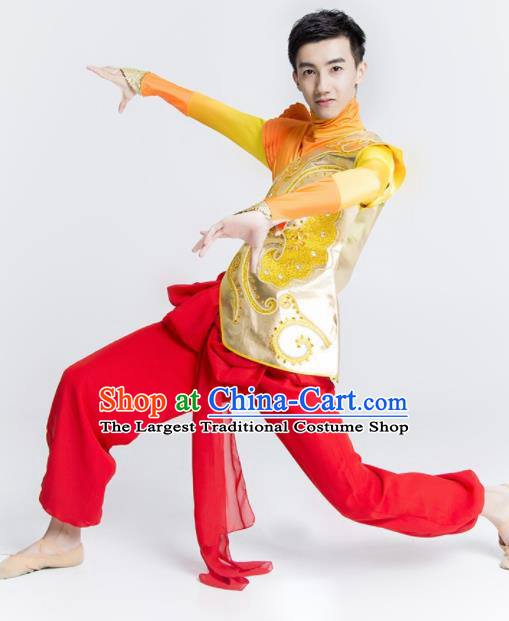 Chinese Traditional Drum Dance Stage Performance Golden Costume Folk Dance Clothing for Men