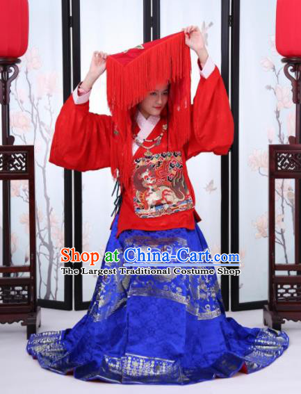 Traditional Chinese Ming Dynasty Bride Historical Costume Ancient Wedding Embroidered Dress for Women