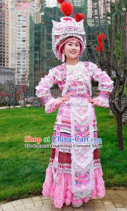 Traditional Chinese Minority Ethnic Folk Dance Bride Pink Dress Miao Nationality Stage Performance Costume and Hat for Women