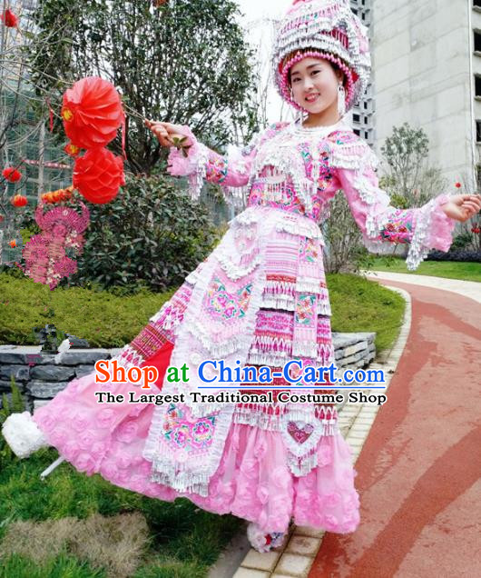 Traditional Chinese Minority Ethnic Folk Dance Bride Pink Dress Miao Nationality Stage Performance Costume and Hat for Women