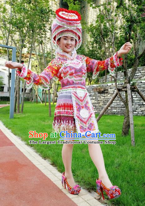 Traditional Chinese Minority Ethnic Folk Dance Red Short Dress Miao Nationality Stage Performance Costume and Hat for Women