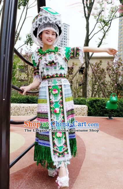 Traditional Chinese Minority Ethnic Folk Dance Green Dress Miao Nationality Stage Performance Costume and Hat for Women