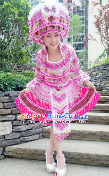 Traditional Chinese Minority Ethnic Bride Folk Dance Pink Short Dress Miao Nationality Stage Performance Costume and Hat for Women