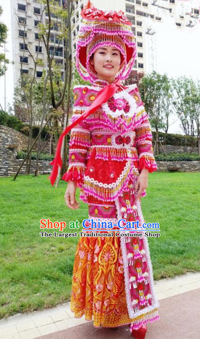 Traditional Chinese Minority Ethnic Bride Folk Dance Red Dress Miao Nationality Stage Performance Costume and Hat for Women