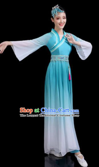 Traditional Chinese Classical Dance Blue Dress Umbrella Dance Stage Performance Costume for Women