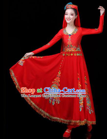 Traditional Chinese Minority Ethnic Dance Red Dress Uyghur Nationality Stage Performance Costume for Women