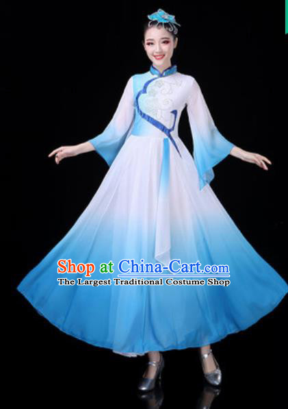 Traditional Chinese Classical Dance Blue Dress Umbrella Dance Stage Performance Costume for Women