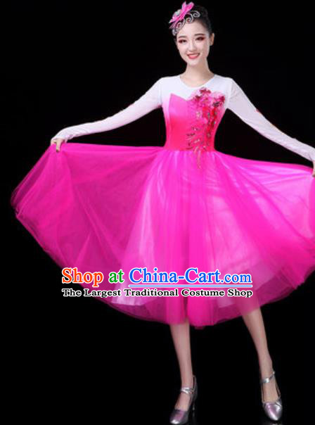 Traditional Chinese Opening Dance Rosy Veil Bubble Dress Modern Dance Stage Performance Costume for Women