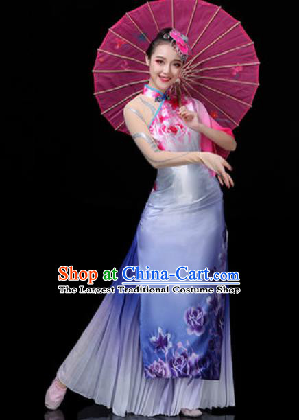 Traditional Chinese Classical Dance Light Blue Dress Umbrella Dance Stage Performance Costume for Women