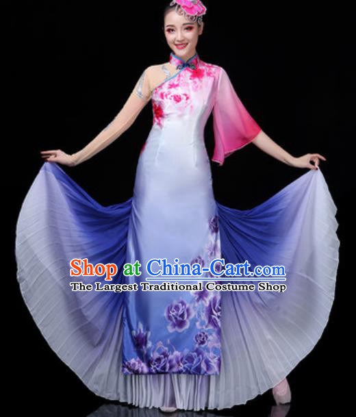 Traditional Chinese Classical Dance Light Blue Dress Umbrella Dance Stage Performance Costume for Women