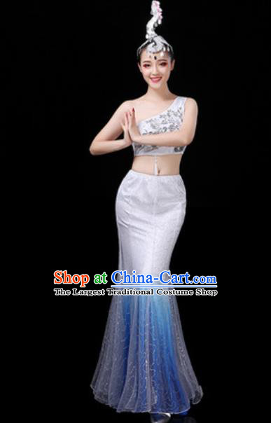 Traditional Chinese Minority Ethnic Peacock Dance White Dress Dai Nationality Stage Performance Costume for Women