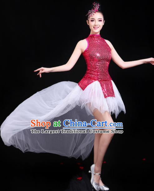 Traditional Chinese Opening Dance Rosy Paillette Short Dress Modern Dance Stage Performance Costume for Women