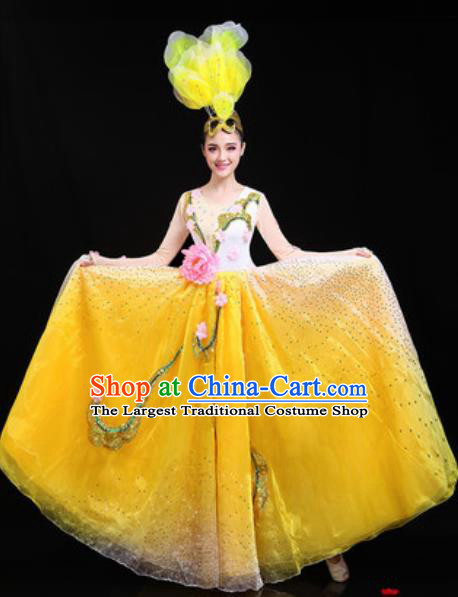 Traditional Chinese Spring Festival Gala Opening Dance Yellow Dress Modern Dance Stage Performance Costume for Women