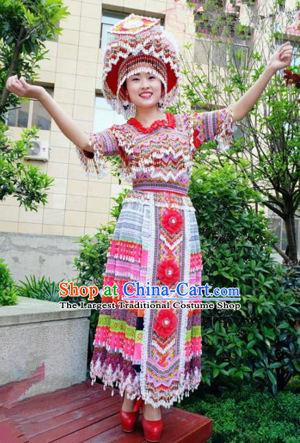 Traditional Chinese Minority Ethnic Folk Dance Embroidery Dress Miao Nationality Stage Performance Costume and Hat for Women