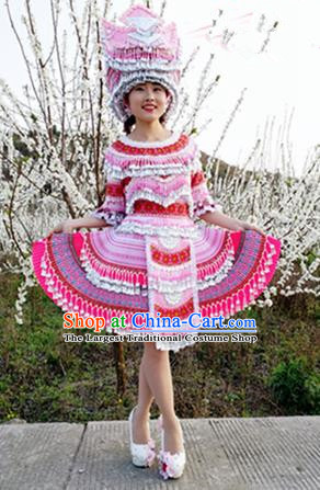 Traditional Chinese Minority Ethnic Folk Dance Short Dress Miao Nationality Stage Performance Costume and Hat for Women