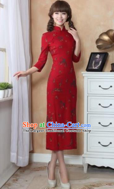 Chinese Traditional Tang Suit Costume National Red Cheongsam Qipao Dress for Women