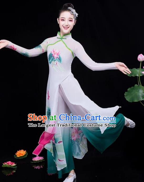 Chinese Traditional Classical Dance Lotus Dance Green Dress Umbrella Dance Stage Performance Costume for Women