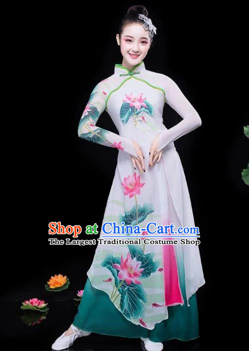 Chinese Traditional Classical Dance Lotus Dance Green Dress Umbrella Dance Stage Performance Costume for Women