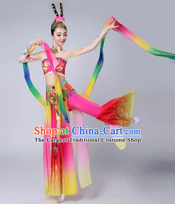 Chinese Traditional Classical Dance Rosy Dress Dunhuang Flying Apsaras Stage Performance Costume for Women