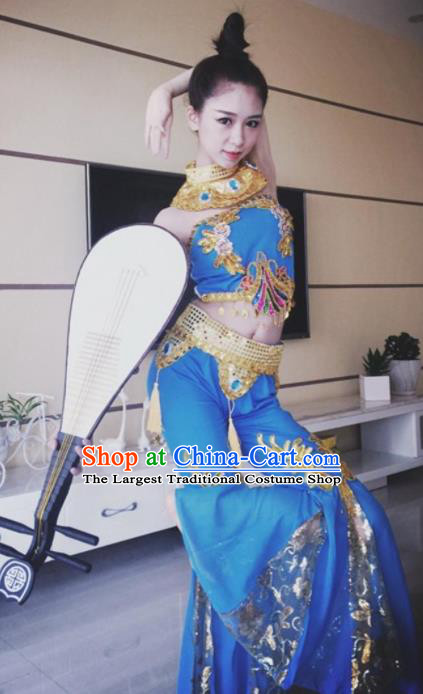 Chinese Traditional Classical Dance Blue Dress Dunhuang Flying Apsaras Stage Performance Costume for Women