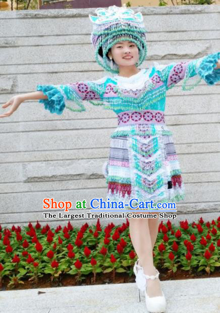 Chinese Traditional Miao Nationality Ethnic Embroidered Costume Minority Folk Dance Blue Short Dress for Women
