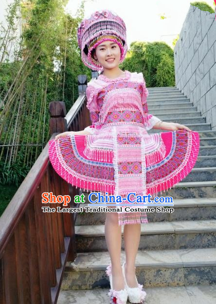 Chinese Traditional Miao Nationality Pink Beads Short Dress Minority Ethnic Folk Dance Costume for Women