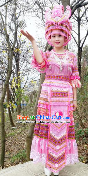 Traditional Chinese Miao Nationality Pink Dress Minority Ethnic Folk Dance Costume for Women