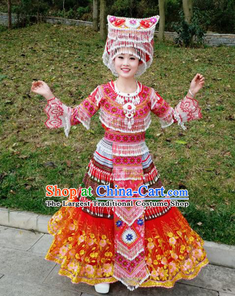 Traditional Chinese Miao Nationality Red Dress Minority Ethnic Folk Dance Costume for Women