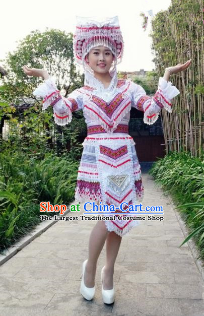 Traditional Chinese Miao Nationality Short Dress and Hat Minority Ethnic Folk Dance Costume for Women