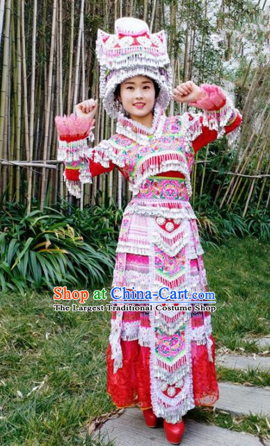 Traditional Chinese Miao Nationality Red Veil Dress Minority Ethnic Folk Dance Costume for Women