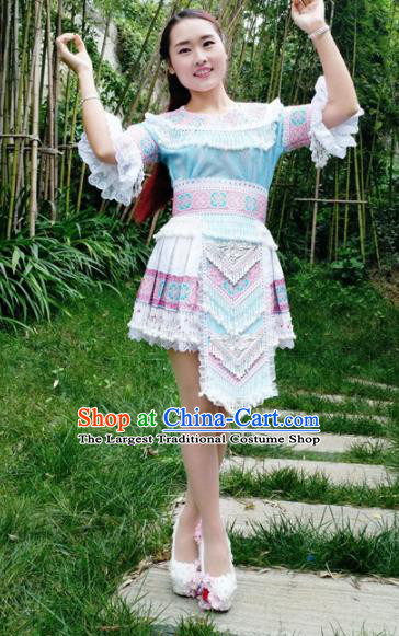 Traditional Chinese Miao Nationality Folk Dance Blue Short Dress Minority Ethnic Wedding Stage Performance Costume for Women