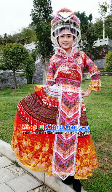 Traditional Chinese Miao Nationality Folk Dance Embroidered Red Dress Minority Ethnic Wedding Stage Performance Costume for Women