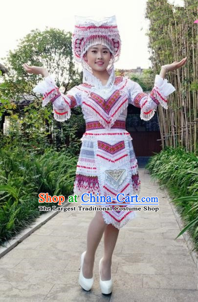 Traditional Chinese Miao Nationality Folk Dance White Short Dress Minority Ethnic Wedding Stage Performance Costume for Women