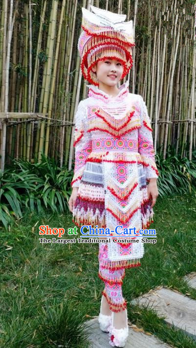 Traditional Chinese Miao Nationality Folk Dance Beads Tassel Short Dress Minority Ethnic Wedding Stage Performance Costume for Women