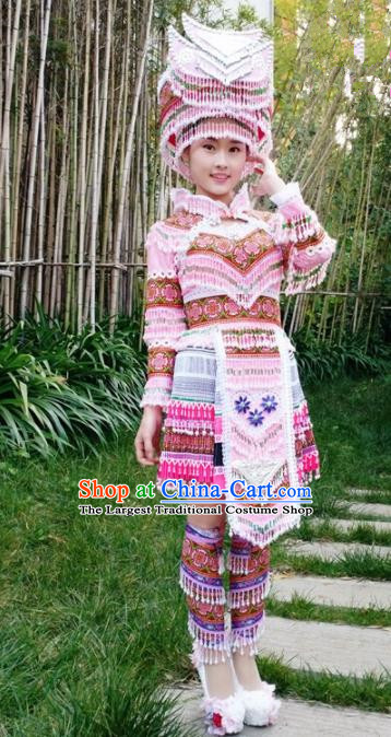 Traditional Chinese Miao Nationality Folk Dance Beads Tassel Pink Short Dress Minority Ethnic Wedding Stage Performance Costume for Women