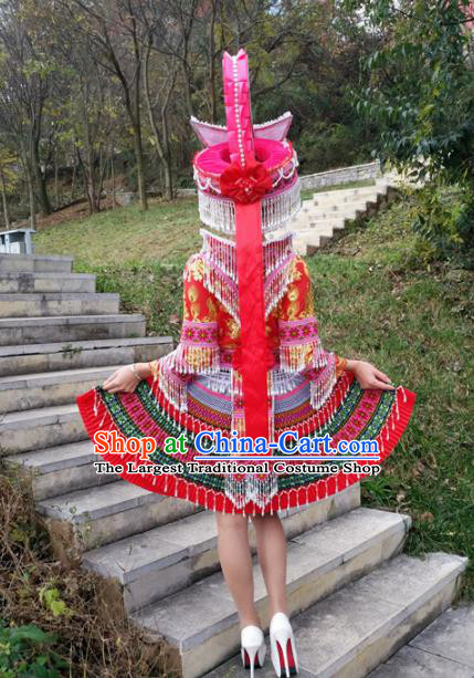 Traditional Chinese Miao Nationality Folk Dance Beads Tassel Red Short Dress Minority Ethnic Wedding Stage Performance Costume for Women