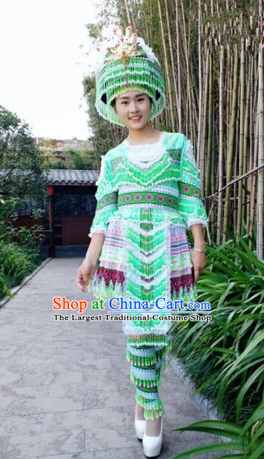 Traditional Chinese Miao Nationality Folk Dance Beads Tassel Green Short Dress Minority Ethnic Wedding Stage Performance Costume for Women