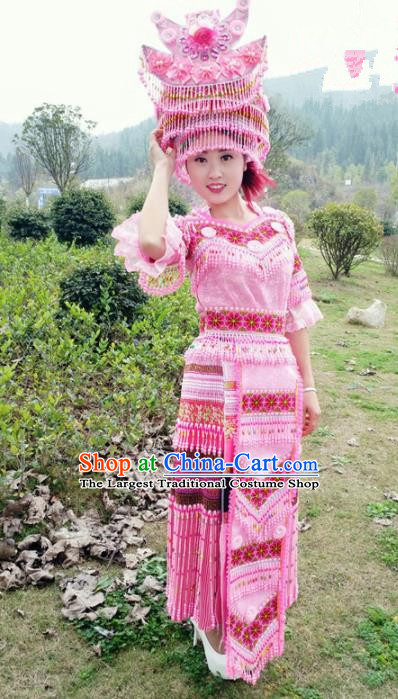 Traditional Chinese Miao Nationality Stage Performance Costume Minority Ethnic Folk Dance Pink Dress and Hat for Women