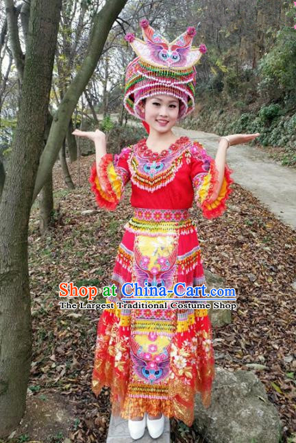Traditional Chinese Miao Nationality Embroidered Red Dress Minority Ethnic Folk Dance Stage Performance Costume for Women
