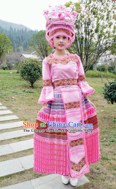 Traditional Chinese Minority Ethnic Folk Dance Pink Dress Miao Nationality Stage Performance Costume and Hat for Women