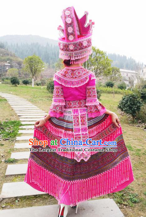 Traditional Chinese Minority Ethnic Folk Dance Rosy Dress Miao Nationality Stage Performance Costume and Hat for Women