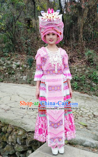 Traditional Chinese Minority Ethnic Folk Dance Embroidery Pink Dress Miao Nationality Stage Performance Costume and Hat for Women